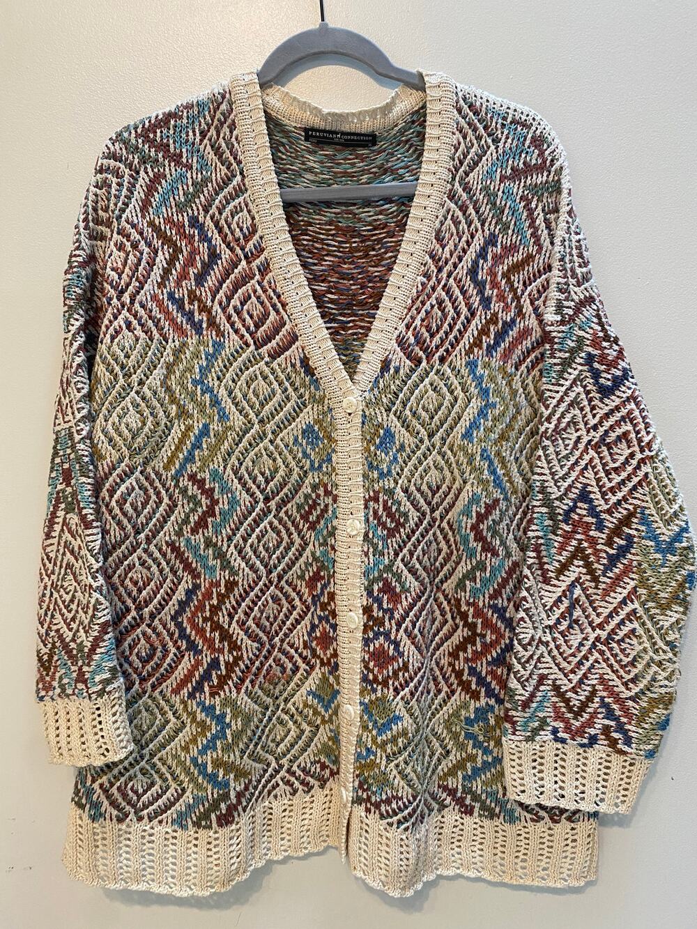 Vtg Peruvian Connection Knit Cardigan Sweater Geometric Pima Cotton XL